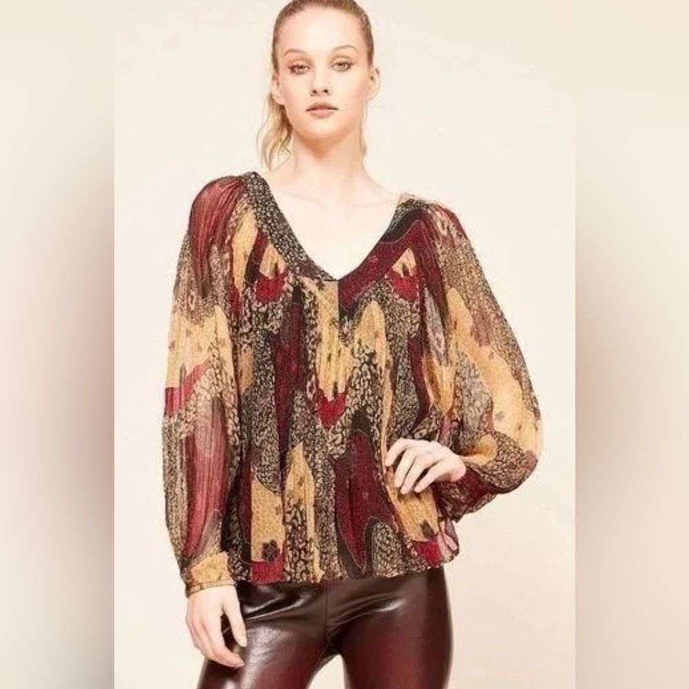 Mes Demoiselles Top Size 36/4 Womens Blouse Animal Print V Neck Crinkle Fabric